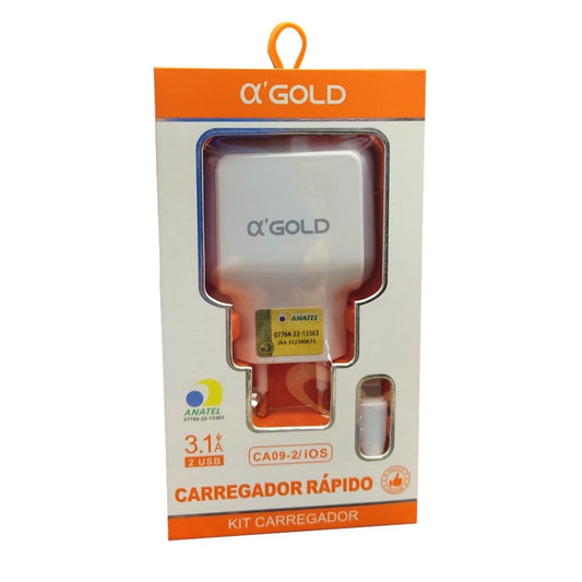 Carregador de Tomada A’Gold com Cabo USB IOS, Turbo, 2 Portas, Branco